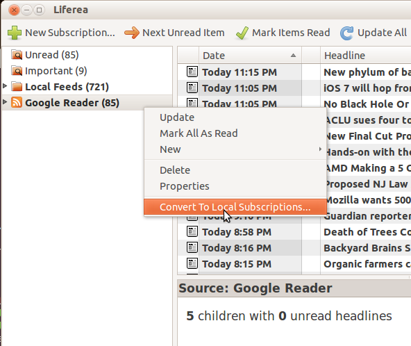 Screenshot on converting Google Reader subscription